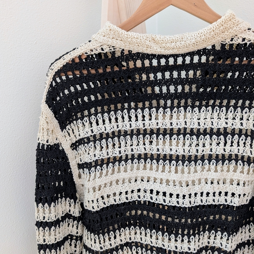Zara Crochet Open Knit Striped Collared Henley Top In Black/Ivory - Picture 8 of 11